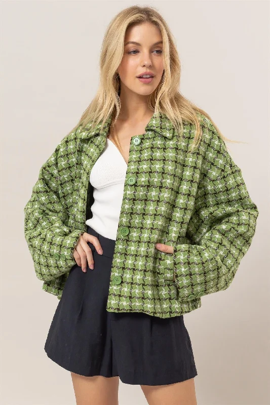 Women's Clothes And Garments Hot Girl HYFVE Tweed Plaid Button Up Collared Jacket In Green