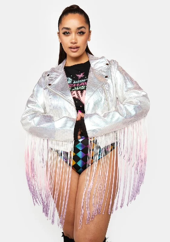 Women's Athleisure Apparel Plus Drop The Bass Fringe Sequin Moto Jacket