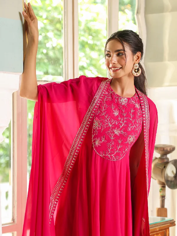 Massive Savings Pink Georgette Embroidered Anarkali Dress With Cape
