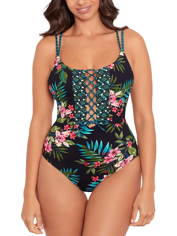 Affordable Women's Apparel Womens Floral Cut-Out One-Piece Swimsuit