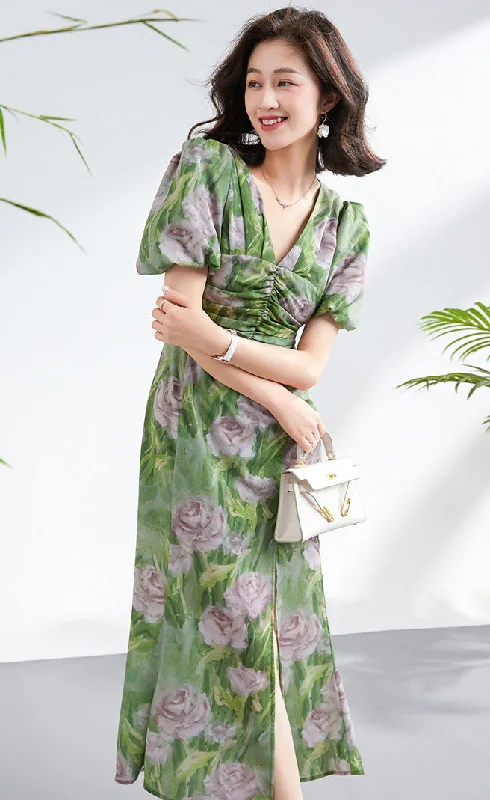 Quick Grab Deals Temperament Senior Sense V-neck Flower Print Puffy Sleeve Dress