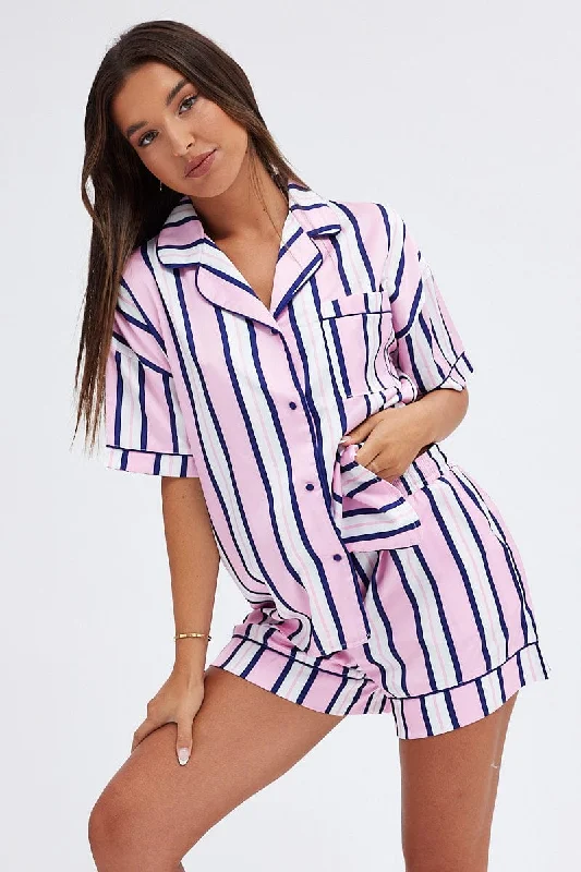 Affordable Fashion Clothing For Women Multi Print Satin Pj Multi Stripe Piping Pyjama Set