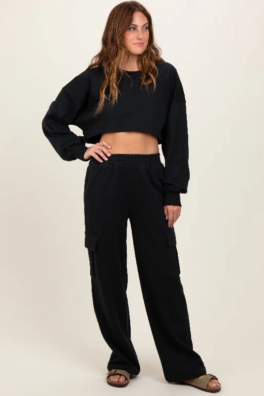 Women's Sports Apparel Black Oversized Crop Sweatshirt Cargo Sweatpant Set