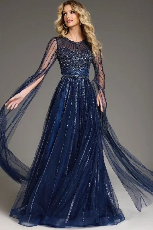 Seasonal Sale Jovani 40629 Long A Line Beaded Formal Cape Sleeve Dress