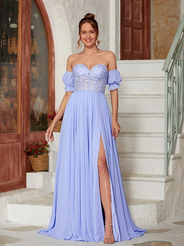 Women Apparel A-Line/Princess Chiffon Lace Sweetheart Short Sleeves Floor-Length Dresses