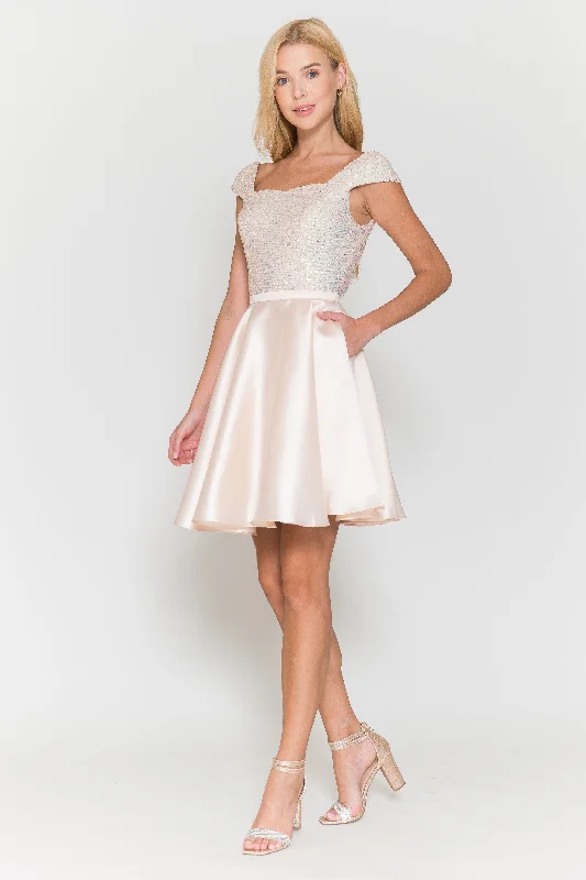 Discover Now Short Sequin Bodice Cap Sleeve Dress by Poly USA 8732