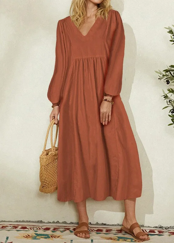 Cool Prices 2024 Women's Orange Cotton Linen Loose Balloon Sleeve Dress