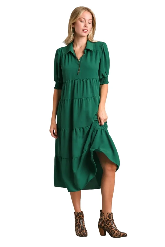 Women Clothing Tiered Cuffed Sleeve Dress, Green