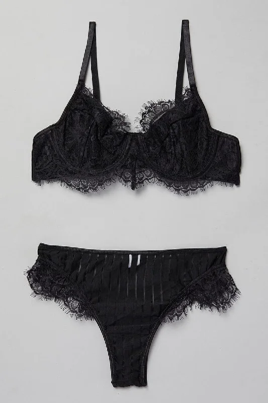 Women's Travel Outfit Set Black Lace Lingerie Set