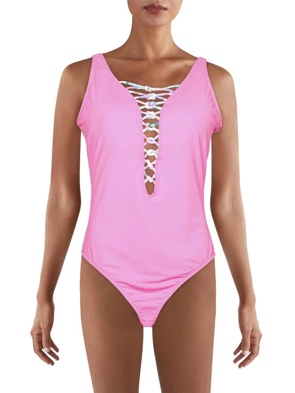 Women's Professional Garments Womens Lace-Up Plunging One-Piece Swimsuit