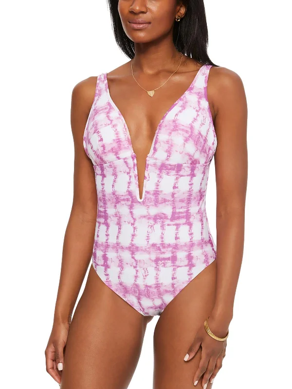 Fashionable Women's Clothing Womens Tie-Dye Plunging One-Piece Swimsuit