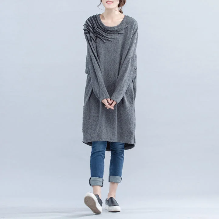 Massive Savings light gray unique cotton dress plus size Cinched batwing sleeve dress