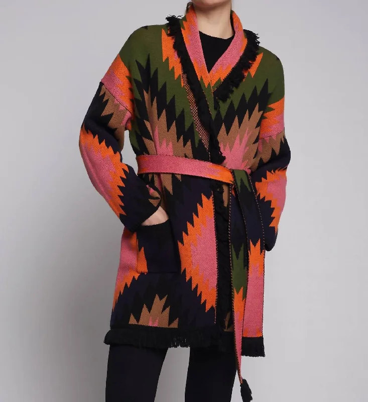 Modern Women's Attire Navajo Jacquard Cardigan In Navy Green