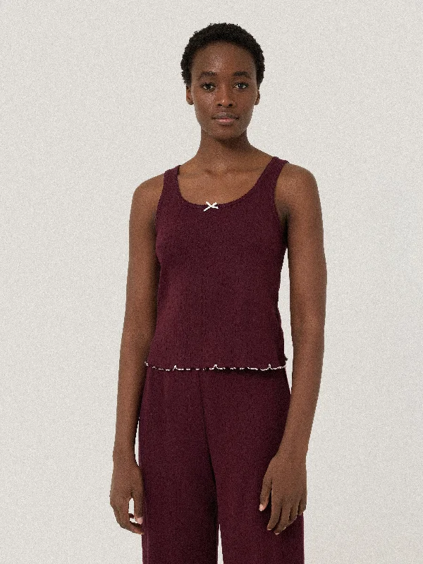 Women's Weekend Outfit Pointelle Pyjama Vest Top | Burgundy