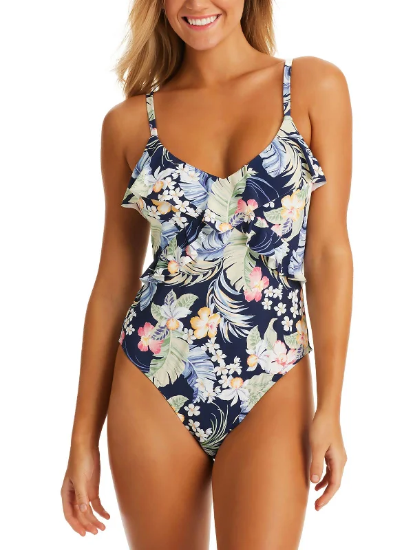 Women's Effortless Casual Outfit Womens Floral Ruffled One-Piece Swimsuit