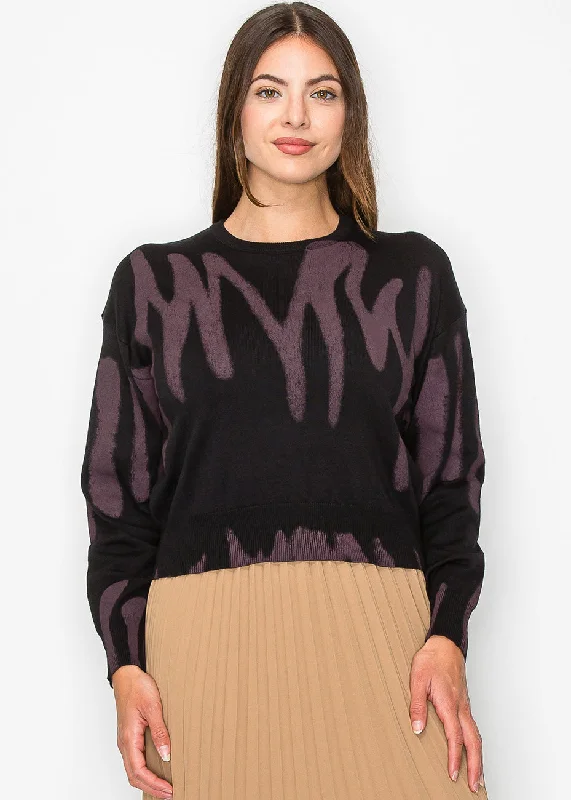 Women's Outerwear Garments Black and Mauve Abstract Print Sweater