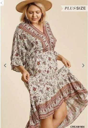 End of Season Sale Paisley Print V-Neck Half Ruffled Sleeve Dress with High Low Hem