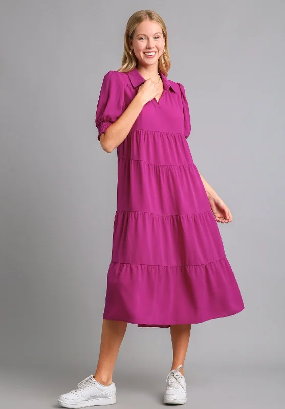 Flash Sales This Week Tiered Cuffed Sleeve Dress, Magenta