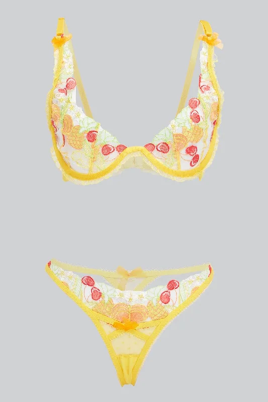 Sustainable Women's Clothes Yellow Fruit Embroidery Lingerie Set