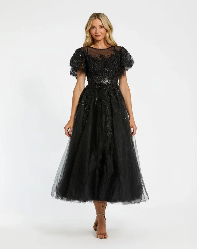 Limited Stock Mac Duggal 20362 Long Formal Flutter Sleeve Dress