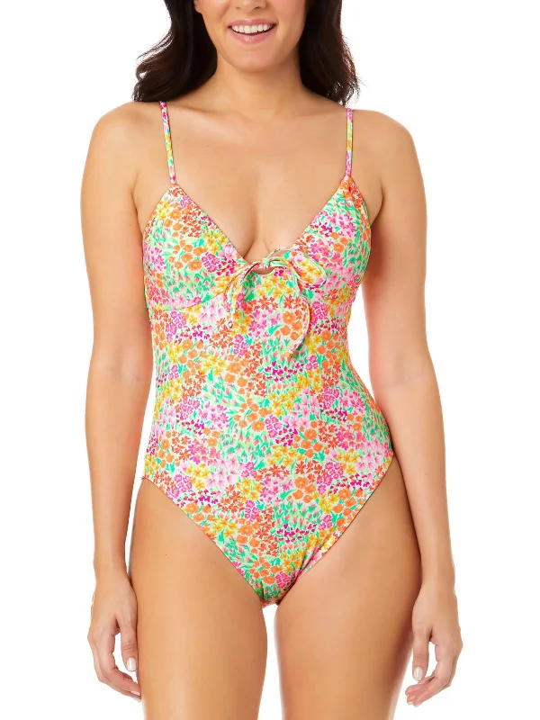 Elegant Women's Attire Juniors Womens Floral Print Tie Front One-Piece Swimsuit