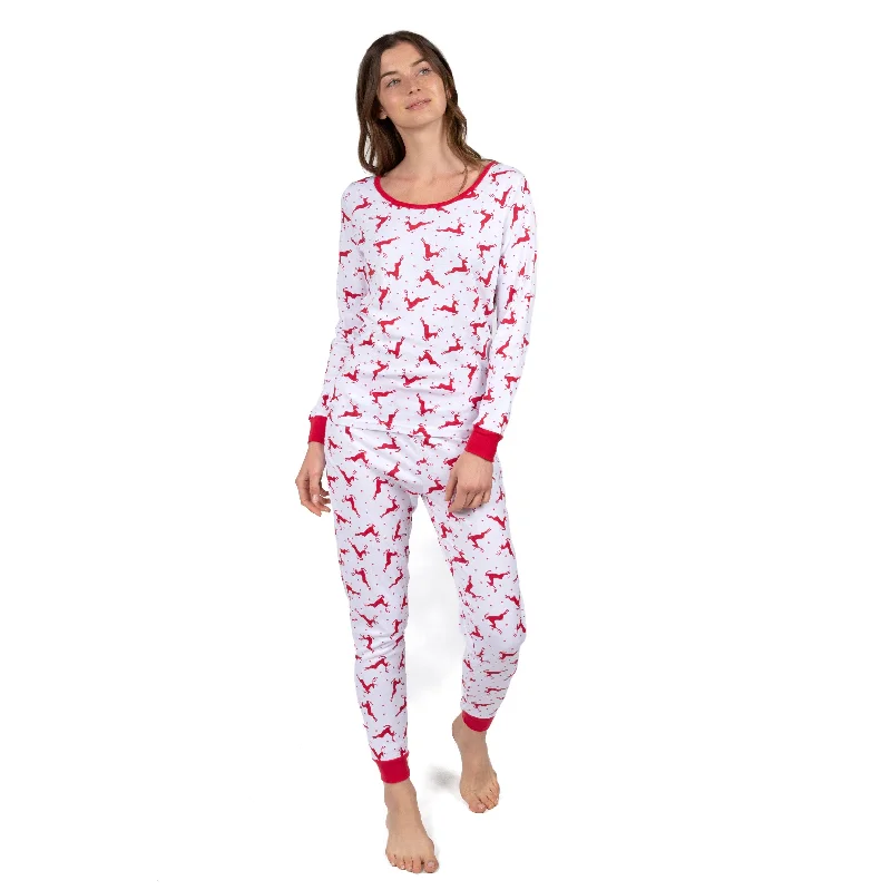 Women's Activewear Apparel Christmas Womens Two Piece Cotton Pajamas Reindeer Red and White