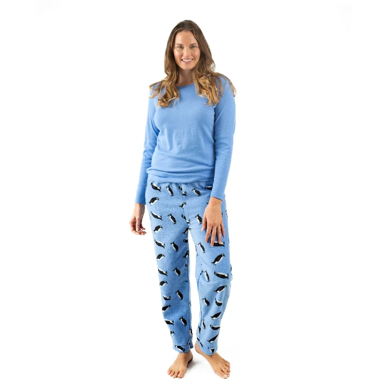 Women's Active Garments For Workouts Christmas Womens Cotton Top and Fleece Pant Pajamas Penguin