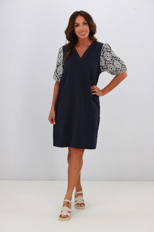 Bold Prints Casual Chic Shine On Label Maxine Broderie Sleeve Dress Midnight