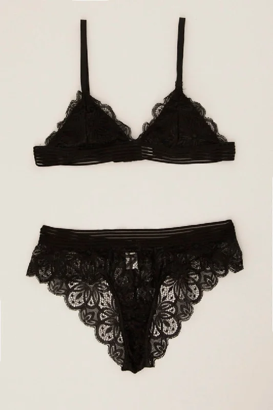 Stylish Outerwear Clothing For Women Black Lace Lingerie Set