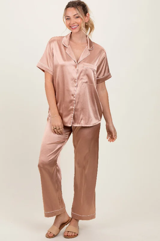 Women's Elegant Evening Outfit Gold Satin Contrast Trim Pajama Set