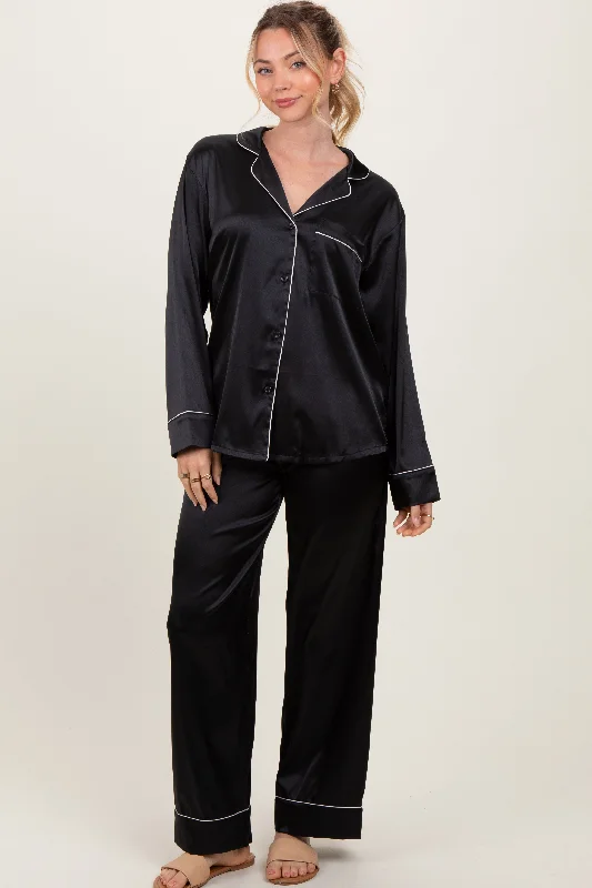 Women's Night-Out Outfit Black Satin Contrast Trim Long Sleeve Pajama Set