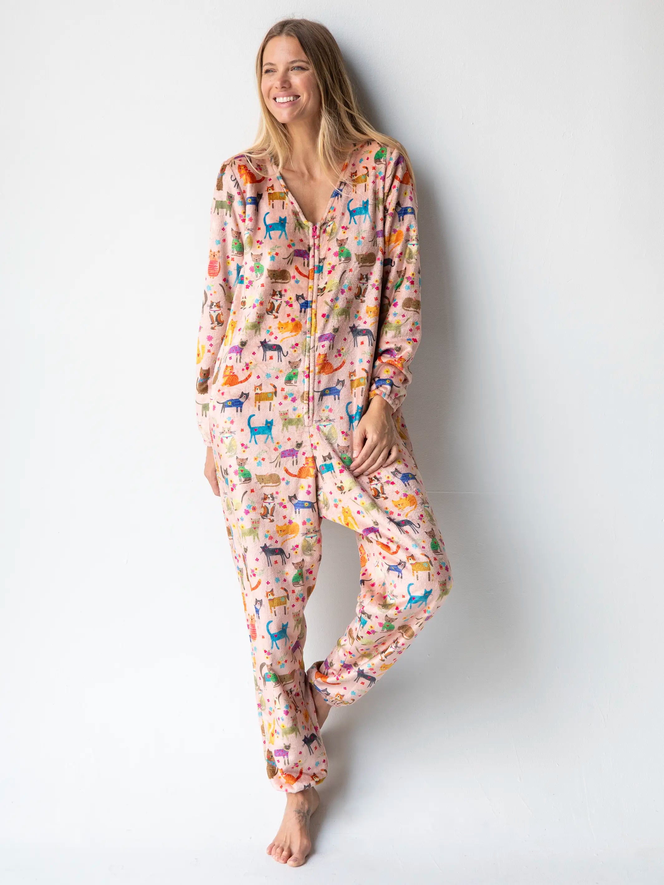 Elegant Clothing For Women Fleece Onesie Pajamas - Cat Floral Pink