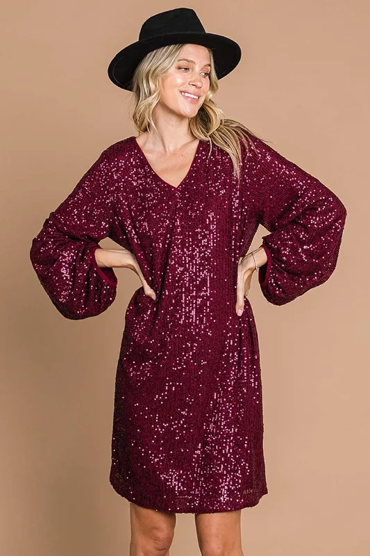 Limited Time Special Offer Womens sequin bubble sleeve dress in plum