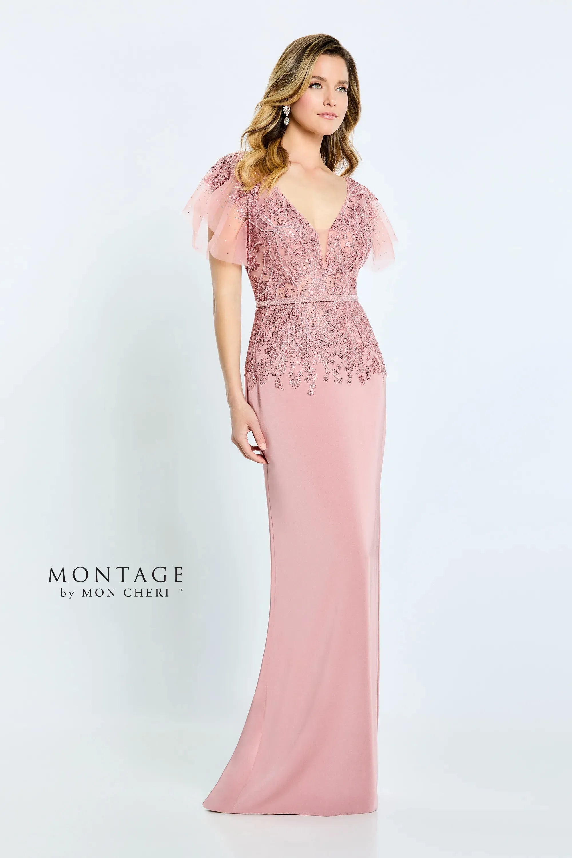 Clothing Woman Montage M512 Beaded Long Fitted Formal Removable Sleeve Dress