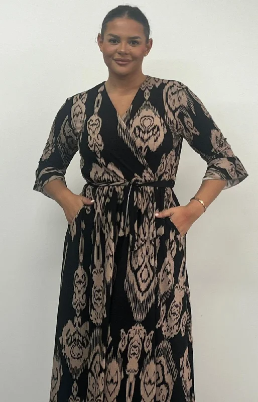 Comfortable Chic Dani Faux Wrap 3/4 Sleeve Dress in Black and Taupe Print