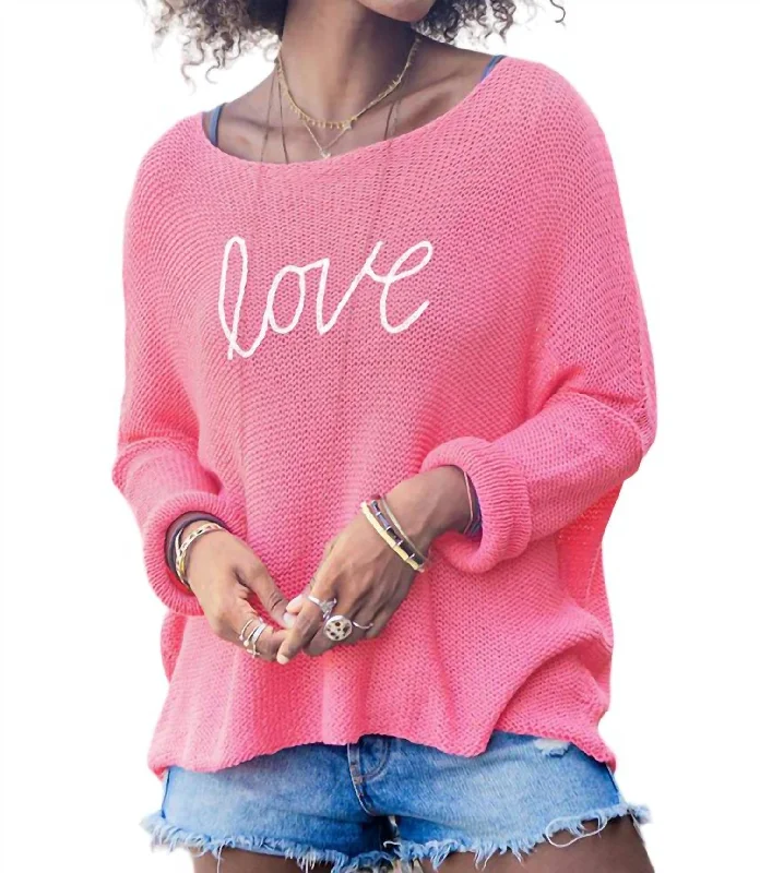 Women's Clothing For Outdoor Events Key West Cursive Love Crew Sweater In Cherry Pastille/breaker White