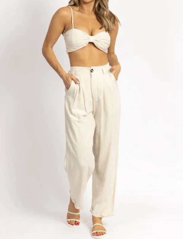 Women's Loungewear Clothes Linen Ruched Crop + Pant Set In Oatmeal