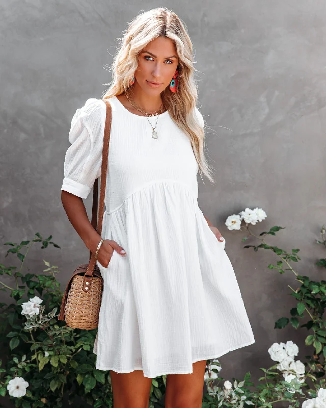 Stay Ahead In Style Amber Cotton Pocketed Puff Sleeve Dress - White