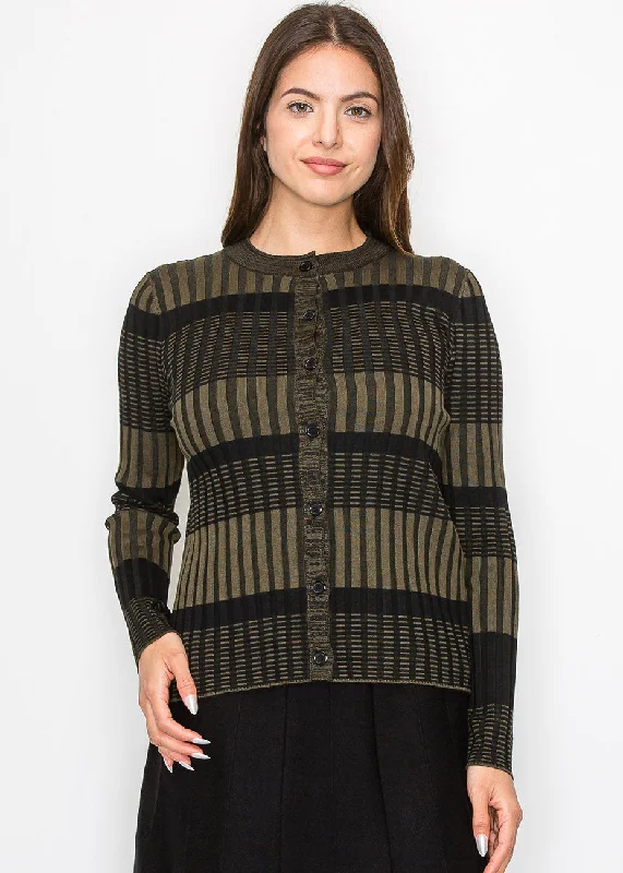 Affordable Women's Clothing Olive and Black Buttoned Ribbed Cardigan