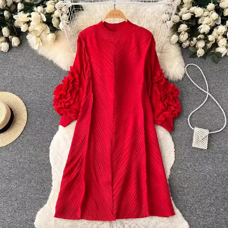 Flash Sale Now ruffled puff sleeve mid-length dress for women      S4578