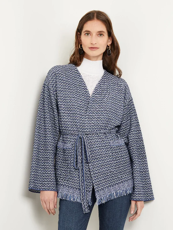 High-Fashion Women's Clothing Tie-Waist Fringe Trim Intarsia Knit Cardigan
