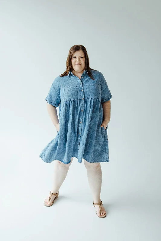 Trendy Attire For Her CHAMBRAY BUTTON FRONT KNEE LENGTH DRESS