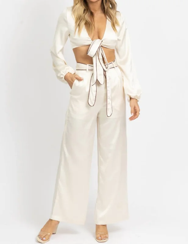 Women's Night-Out Clothes Front Tie Trouser Pant Set In Satin Creme