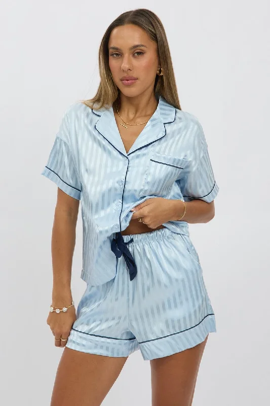 Women's Active Outfit For Fitness Blue Stripe Satin Pyjamas Set Short Sleeve