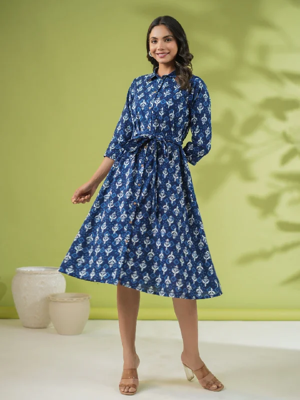 Formal Clothing For Women Indigo Cotton Ethnic Motifs Button Down Shirt Style Dress