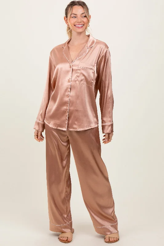 Women's Evening Wear Outfit Gold Satin Contrast Trim Long Sleeve Pajama Set