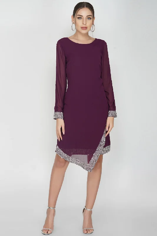 Casual Chic Maroon Asymmetric Cold Sleeve Dress