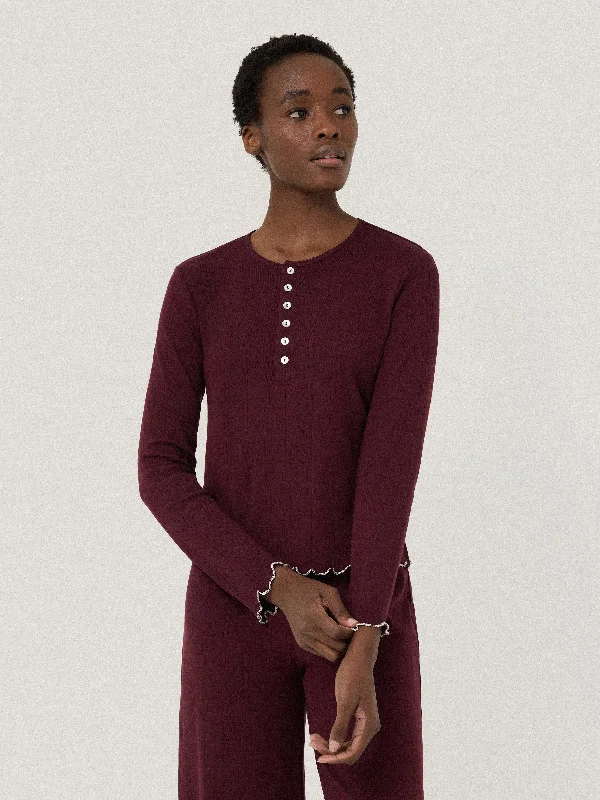 Sustainable Women's Clothes Pointelle Pyjama Henley Top | Burgundy