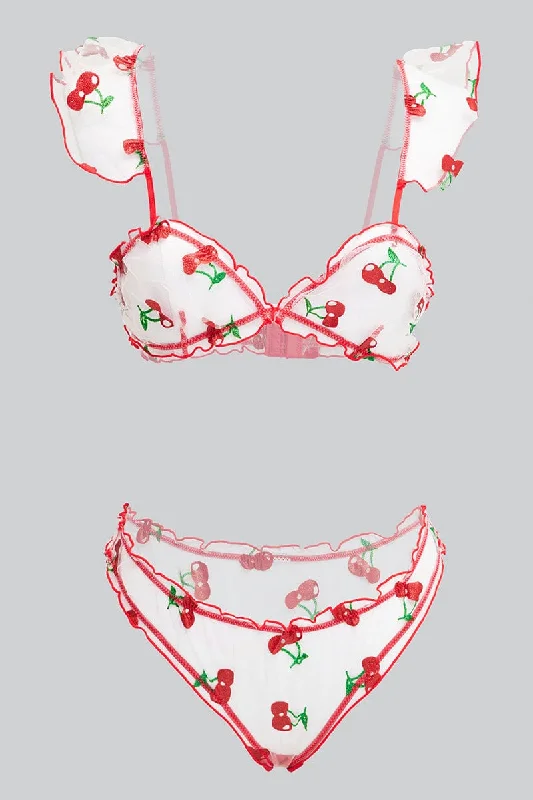 Women's Outfit Red Cherry Embroidery Lingerie Set