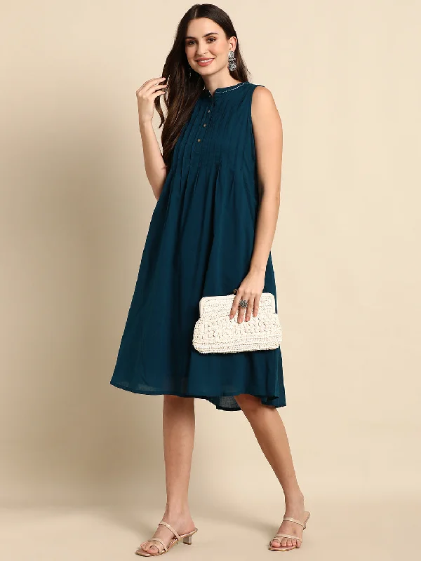 Save Big Teal Cotton Solid A-line Western Dress